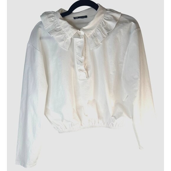 2/$30 ZARA Medium Ruffle Collar Long Sleeve Blouse White - Picture 1 of 15